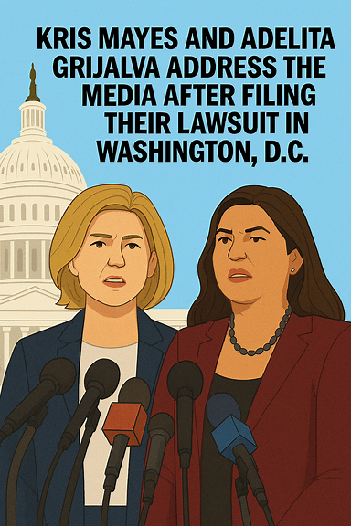 Kris Mayes and Adelita Grijalva stand before a row of microphones and reporters outside a government building in Washington, D.C., having just filed a lawsuit. The scene captures a press conference moment, with both figures confidently addressing the media. Kris Mayes wears a professional suit and gestures while speaking, while Adelita Grijalva stands beside her with a folder in hand. The backdrop includes the U.S. Capitol dome and autumn trees, emphasizing the location and season.