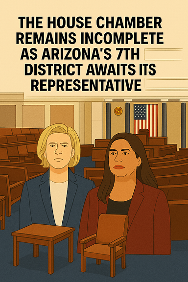 A symbolic depiction of the U.S. House Chamber with one empty seat prominently highlighted, representing Arizona’s 7th District. The chamber is grand and formal, with rows of occupied seats and one noticeably vacant chair draped in the Arizona state flag. A spotlight subtly illuminates the empty seat, emphasizing its absence. The atmosphere is solemn yet anticipatory, suggesting the importance of representation and the weight of democracy.