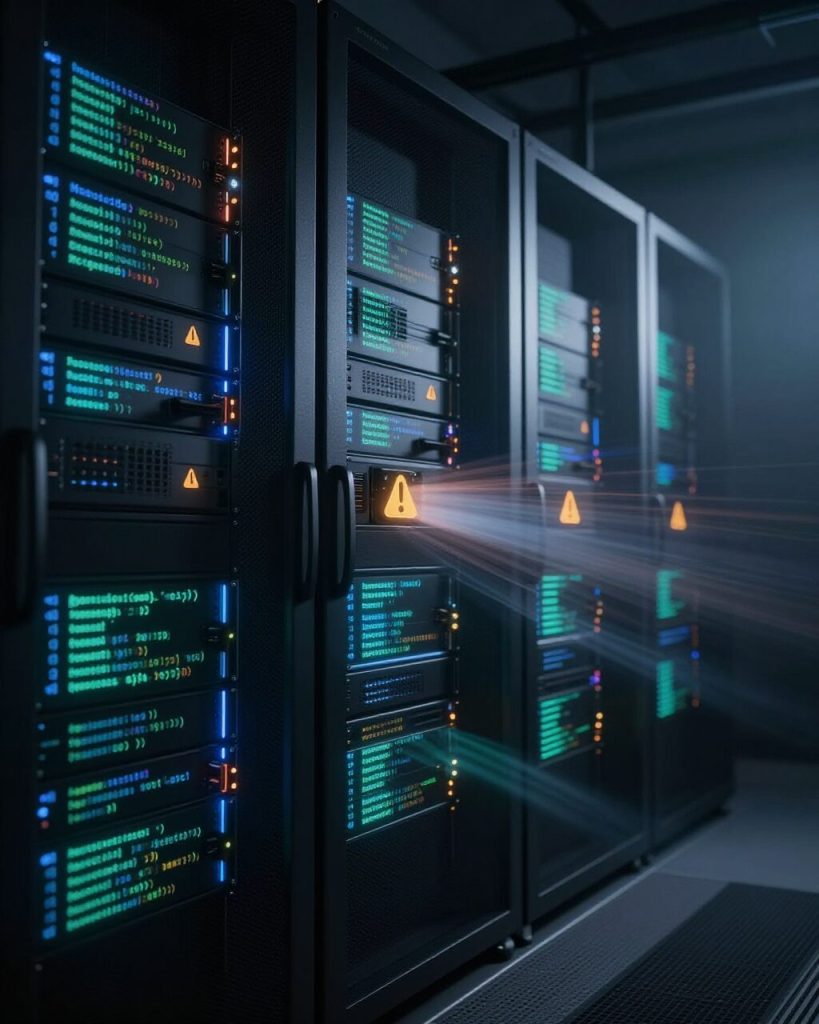 A digital server room emitting a ghostly "bleed" effect from its racks, glowing with lines MongoDB code and superimposed warning icons, symbolizing a massive global data breach in progress.