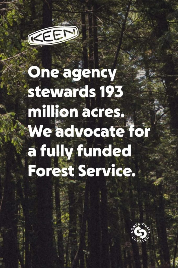 Forest advocacy message with KEEN logo and trees