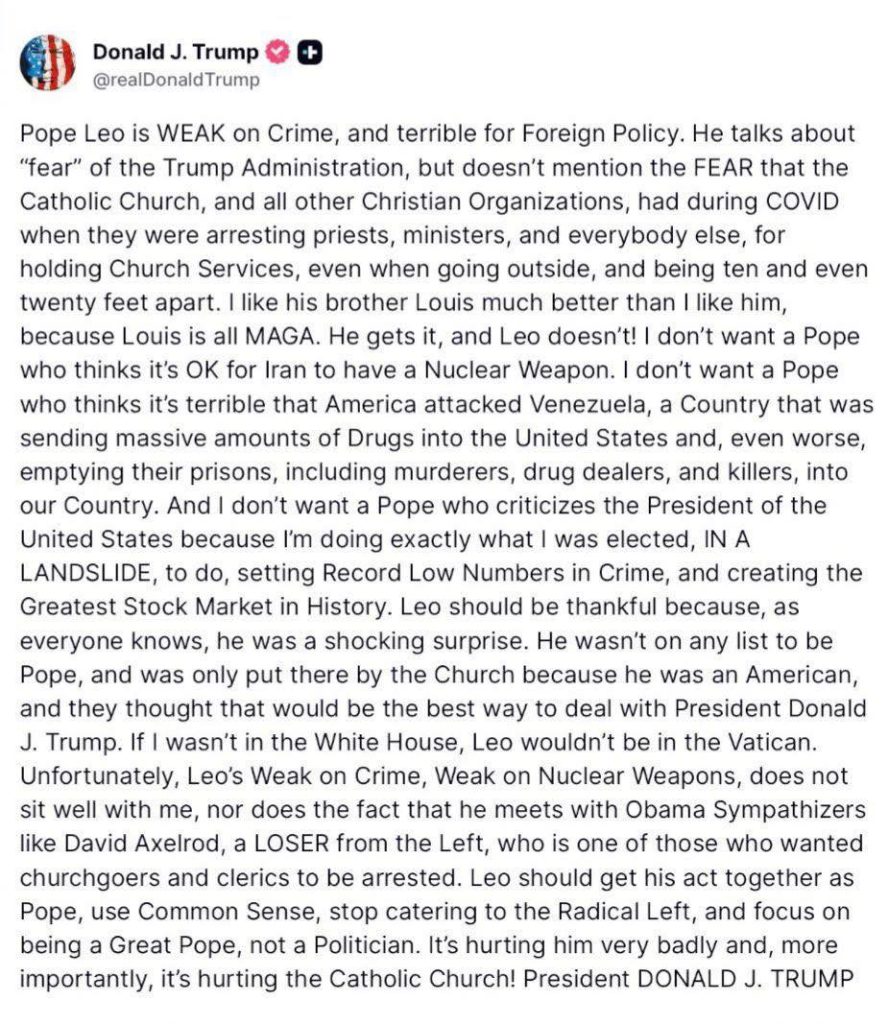 Donald Trump social media post criticizing Pope Leo