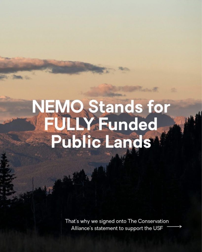 Mountain landscape with NEMO public lands funding message