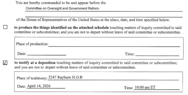 Congressional subpoena form for House Oversight Committee testimony