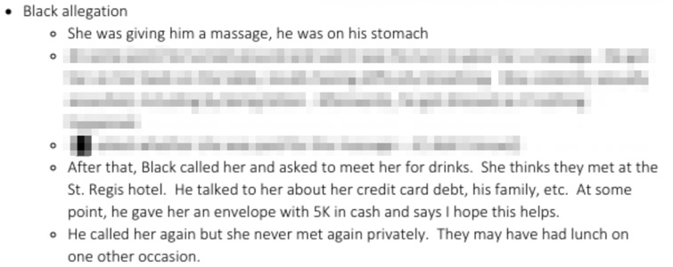 Text document with black allegation details and redacted content