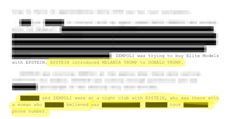 Redacted legal document with highlighted text about Epstein
