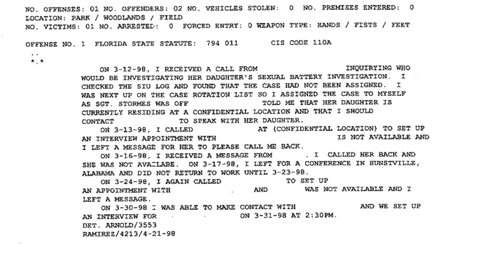 Police report document showing offense details and investigation notes