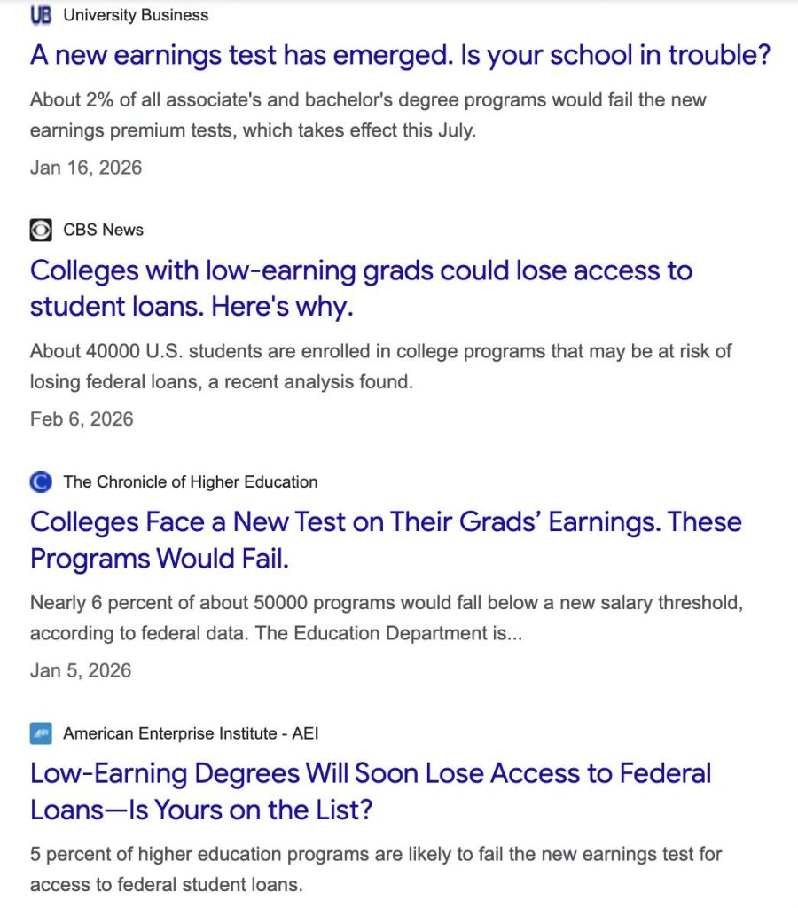 News articles about college earnings test affecting student loans