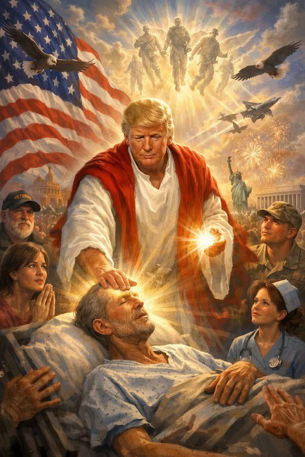 Political figure in robes healing someone with patriotic imagery