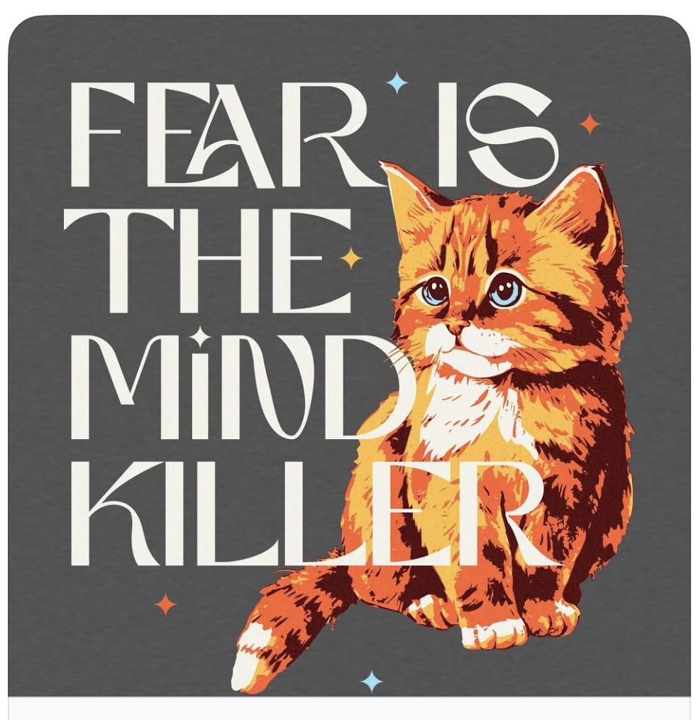 Orange cat illustration with 'Fear is the Mind Killer' text