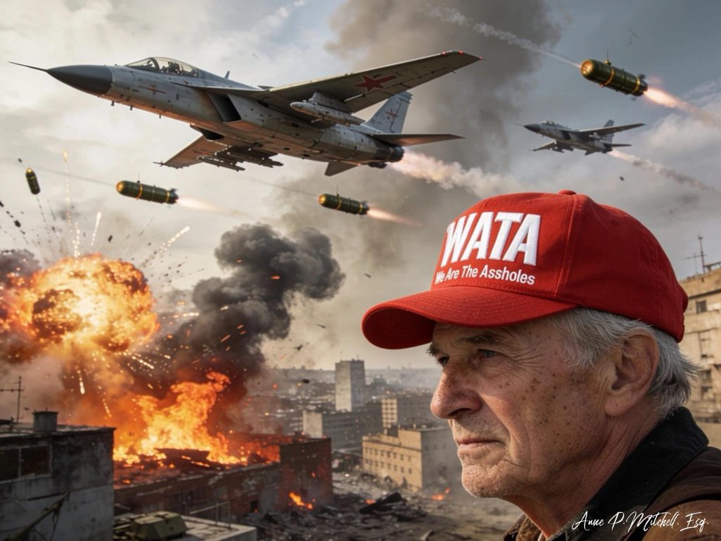 Elderly man in red WATA hat during air strike
