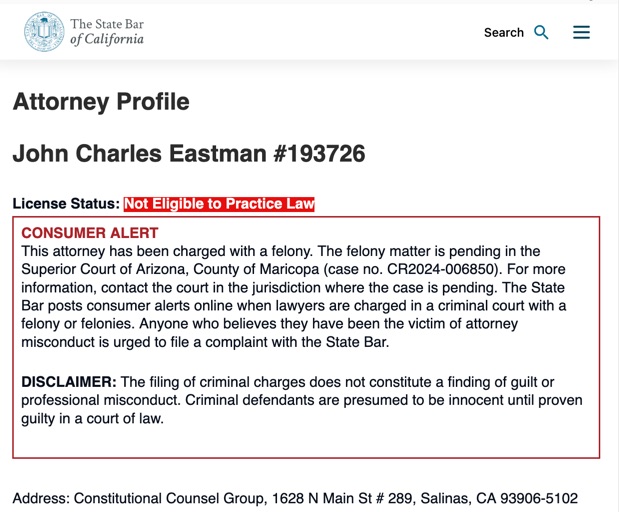 California State Bar attorney profile page with consumer alert