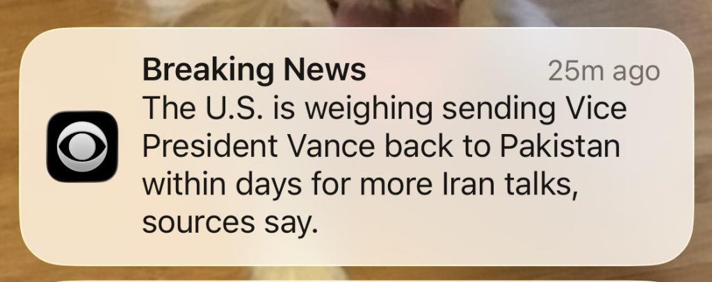 Breaking news notification about US Vice President Pakistan trip