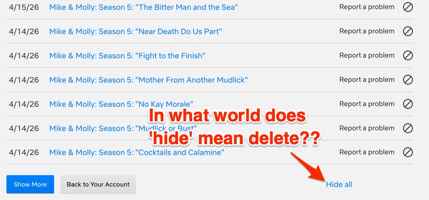 Screenshot of Mike & Molly episodes with hide option