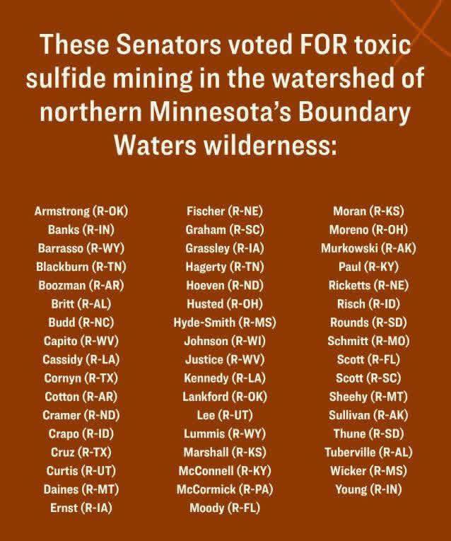 List of Republican senators supporting toxic sulfide mining