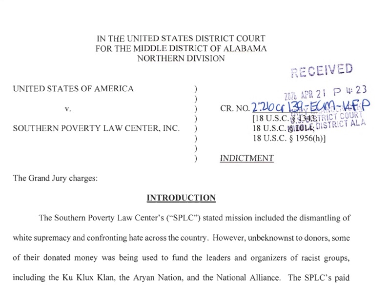 Federal court indictment document against Southern Poverty Law Center