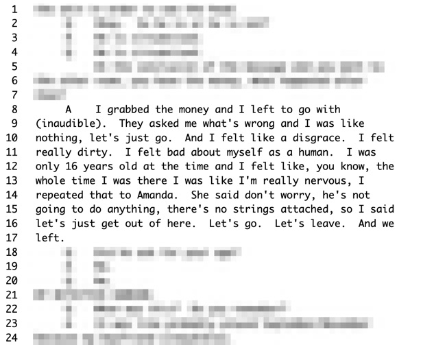 Legal document with partially redacted text and testimony
