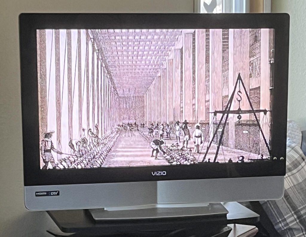 Historical construction scene displayed on Vizio TV screen