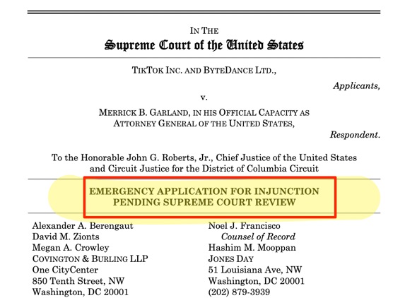 Supreme Court emergency injunction application from TikTok