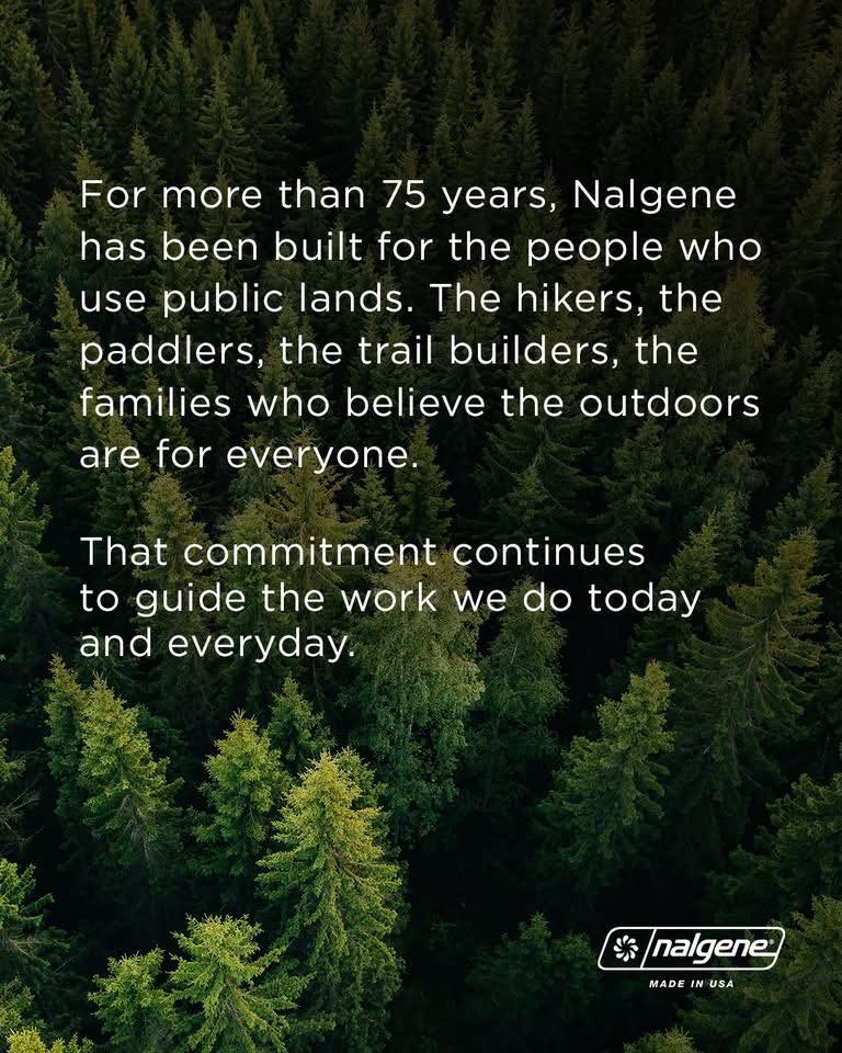 Nalgene brand message over aerial forest canopy view