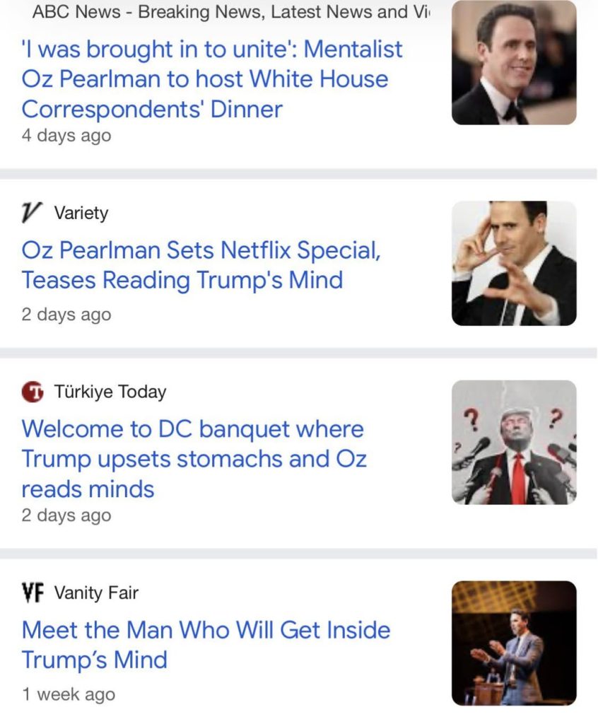 News headlines about mentalist Oz Pearlman and Trump