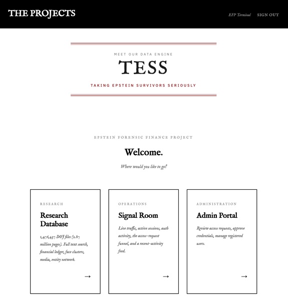 TESS data engine website homepage with project sections