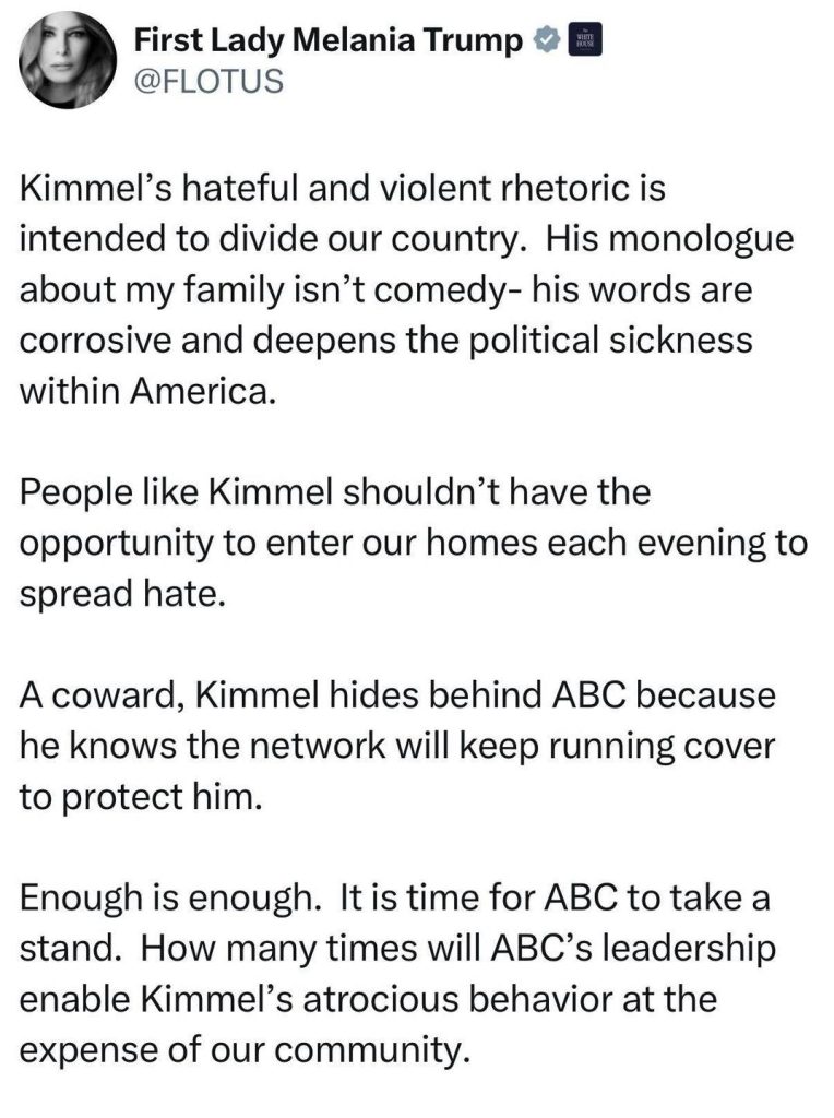 Melania Trump social media post criticizing Jimmy Kimmel