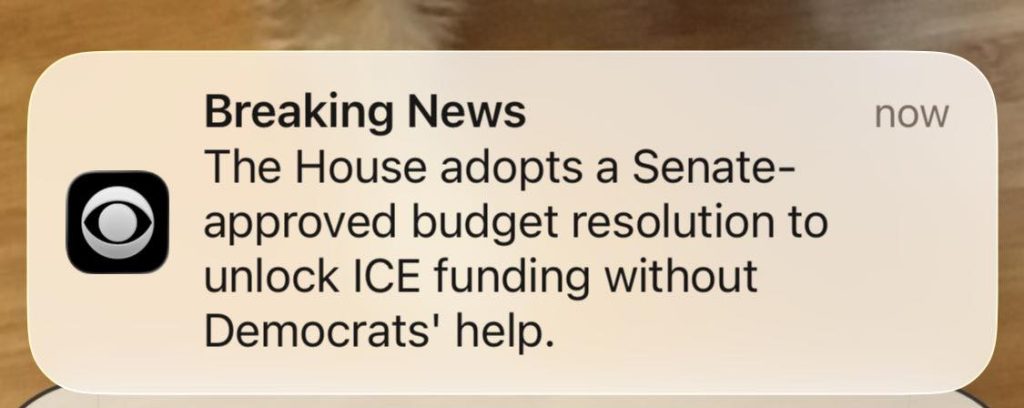 CBS News breaking news notification about ICE funding