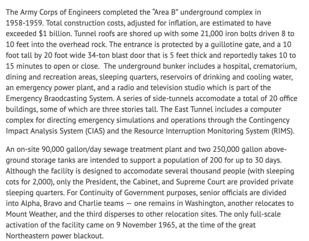 Text about underground bunker complex construction and specifications