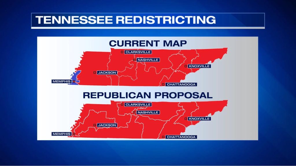 Tennessee redistricting maps showing current and Republican proposal